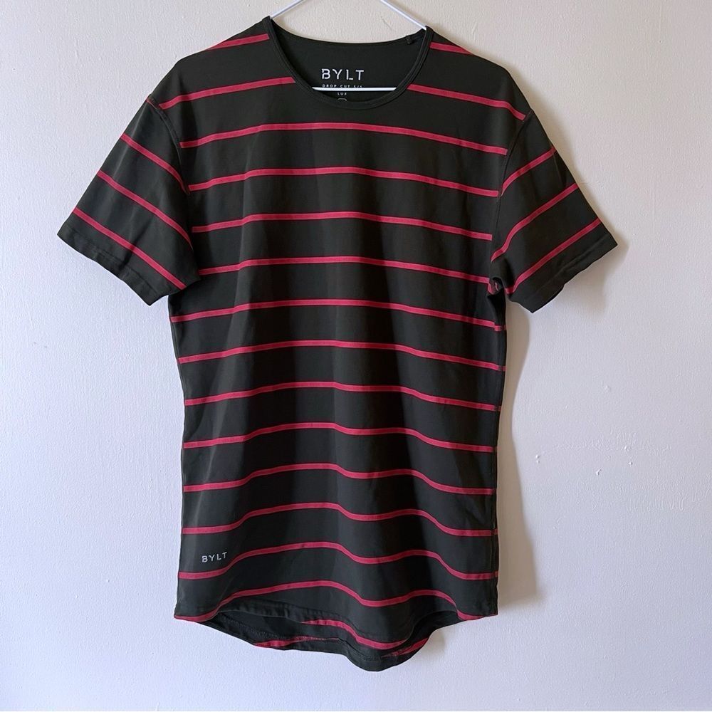 BYLT Premium Basics Drop Cut Lux Short Sleeve Green Red Stripe Shirt Men’s SZ M